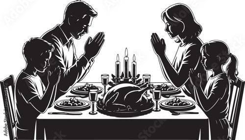 A silhouetted family gathers around a festive dinner table, bowing their heads in prayer before enjoying a traditional holiday meal together.