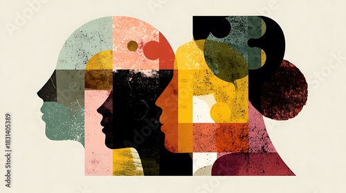 Abstract human profiles with colorful geometric patterns representing diversity.