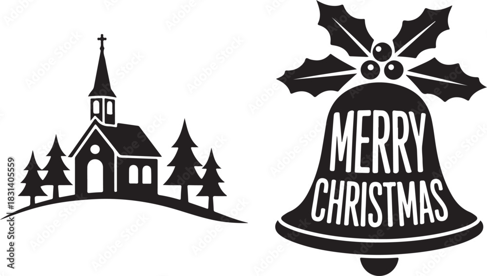 Fototapeta premium Black and white silhouette of a snowy church and pine trees with a merry christmas bell design on a white background