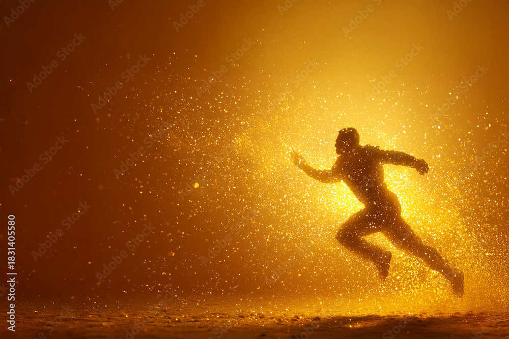 Naklejka premium 金色の光に包まれジャンプする人物のシルエット