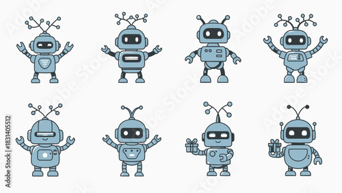 A collection of eight cute cartoon robots in various poses, featuring different designs and antennas.