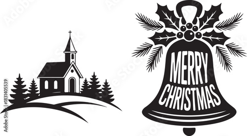 Black and white silhouette of a snowy church and pine trees with a merry christmas bell design on a white background