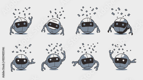 A collection of eight small, round, grey cartoon robots with black faces in various poses, with small dots above them.