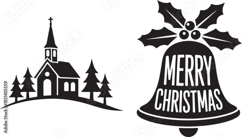 Black and white silhouette of a snowy church and pine trees with a merry christmas bell design on a white background