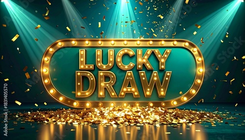 Retro Marquee Lucky Draw Sign with Confetti on Teal Background