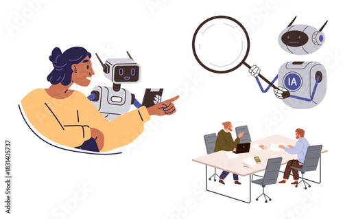 Woman interacting with robot assistant, AI robot examining magnified data, team discussing at workplace. Ideal for teamwork, AI integration, research, innovation, technology, problem-solving simple