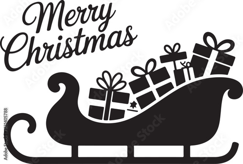 Black silhouette of a sleigh overflowing with christmas presents with merry christmas text above on a white background