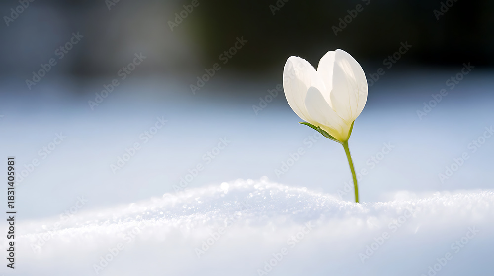 Naklejka premium A single white flower blooms bravely against a backdrop of snow. A symbol of resilience, it stands tall, a beacon of hope in the quiet winter landscape. Beauty emerges against all odds.