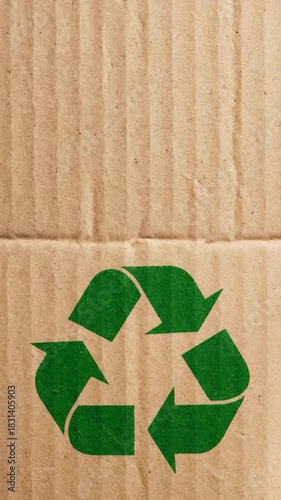 Green recycling symbol painted on cardboard, eco packaging and sustainability concept, vertical 9:16 background for social media stories