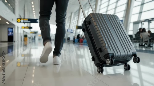 Traveler Walking With Suitcase in Airport Terminal Hallway