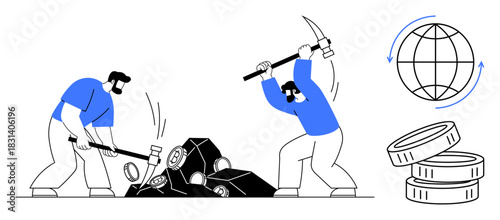 Two workers mining with tools, coin stacks, and globe symbolizing digital connectivity. Ideal for cryptocurrency, mining, blockchain, global economy, teamwork, financial growth and digital trade