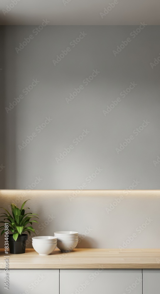 Fototapeta premium Minimalist interior space features warm under cabinet lighting illuminating a wooden countertop with ceramic bowls and a potted plant