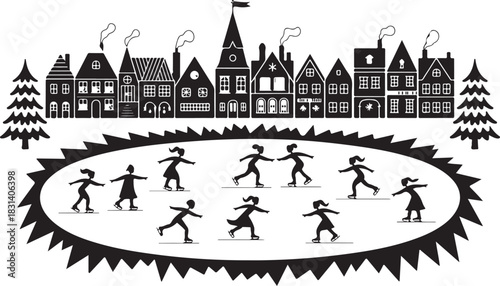 Charming black and white illustration of a quaint european town with people ice skating on a frozen pond during winter