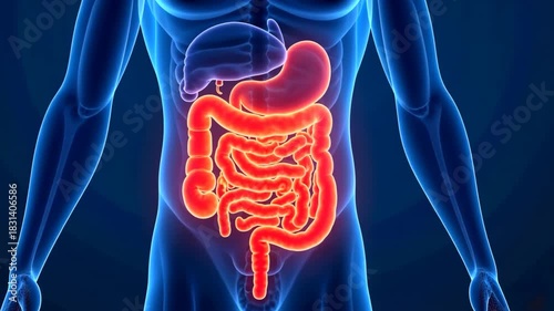 human digestive system highlighted in male body close up, medical illustration, educational and healthcare uses, zoom in