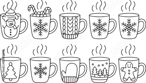 Charming hand drawn collection of hot beverages in festive mugs cozy winter drinks for seasonal designs silhouette