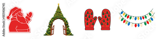 A vector set of festive winter images: Christmas decorations, including Santa Claus, a Christmas tree gate, mittens with a New Year's pattern, and garlands.