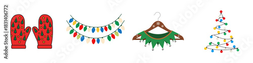 Vector set of festive winter images: Christmas decorations, including red gloves with a pattern of Christmas trees, garlands, an elf collar on a hanger, and a Christmas tree made from garland