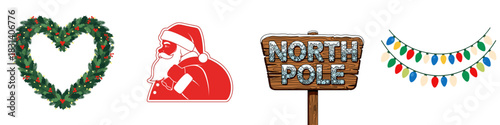 Vector set of festive winter images: Christmas decorations, including a heart-shaped fir wreath, Santa, a sign saying "North Pole," and Christmas garland lights.