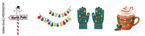 A vector set of festive winter images: Christmas decorations, including a North Pole sign with a snowman, garlands, mittens with a New Year's ornament, and cocoa in a cup with a winter holiday pattern