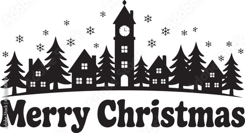 Charming silhouette of a snowy village with a clock tower and pine trees under falling snowflakes celebrating merry christmas