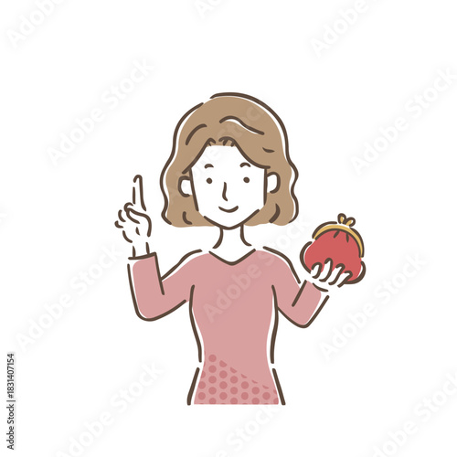 人差し指を立ててがま口財布を持っている若い女性