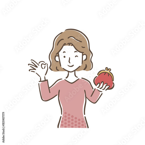 OKサインをしてがま口財布を持っている若い女性