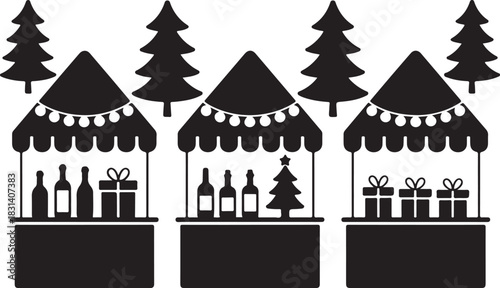 Christmas market stalls silhouette illustration with festive lights, gifts, christmas trees, and bottles, surrounded by pine trees, representing holiday shopping and seasonal celebrations