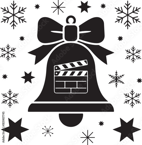 Christmas Movie Festive Bell Icon with Clapperboard, Winter Holiday Film Industry Greeting and Starry Celebration Decor