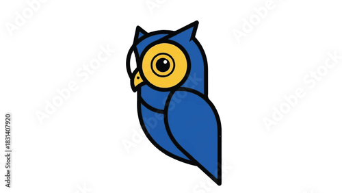 Blue owl illustration with yellow eyes and beak looking to the side.