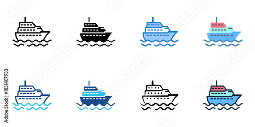 Cruise ship icon set multiple style vector collection. Editable Stroke 
