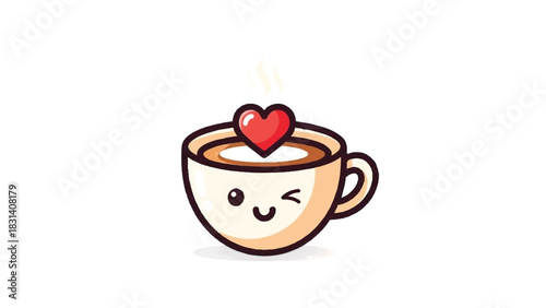 Cute Kawaii Coffee Cup with Heart Icon and Happy Face.