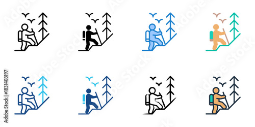 Hiking icon set multiple style vector collection. Editable Stroke 

