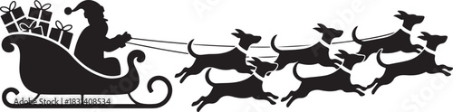 Classic black silhouette of santa claus riding in a sleigh pulled by a team of dogs across a white background silhouette