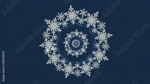 Elegant snowflake spiral design on a dark blue background creating a winter holiday atmosphere perfect for backgrounds and festive seasonal designs