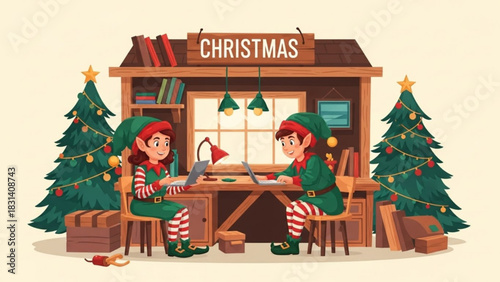 Two christmas elves working at their desks with laptops in a cozy workshop preparing for the holiday season and managing santa's gift list online