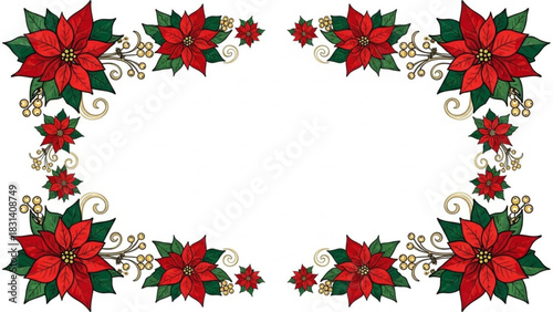 Festive poinsettia frame with golden swirls and berries creating a decorative border for holiday greetings and seasonal designs on a white background