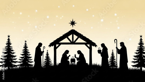 Nativity scene silhouette with the holy family and three wise men under a star in a stable surrounded by christmas trees on a starry night sky