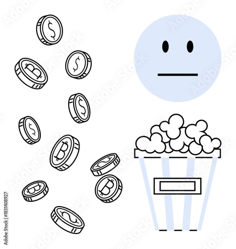 Neutral face beside cascading cryptocurrency coins and a popcorn bucket. Ideal for entertainment, finance, cryptocurrency, casual economy, digital assets, emotional neutrality, and consumption