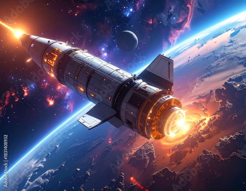 Futuristic rocket with bright engine firing, orbiting planet, stars visible