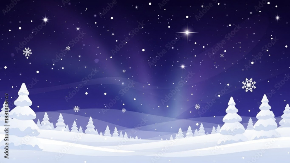 Fototapeta premium Snowy winter wonderland scene with snowcovered trees under a starry night sky perfect for christmas cards and holiday backgrounds and festive designs