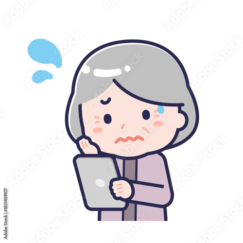 タブレットを使う「私服のシニア」の女性