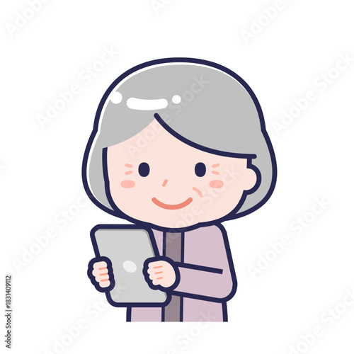 タブレットを使う「私服のシニア」の女性