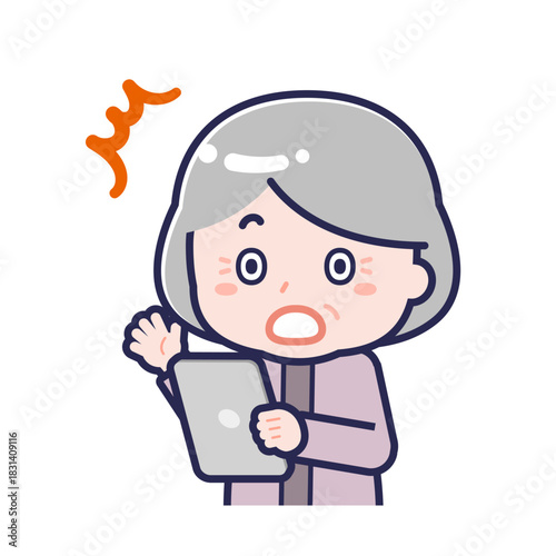 タブレットを使う「私服のシニア」の女性