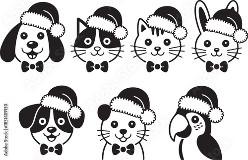 Cute Christmas tree ornaments shaped like pets including dog, cat, rabbit, hamster, and parrot wearing Santa hats and bow