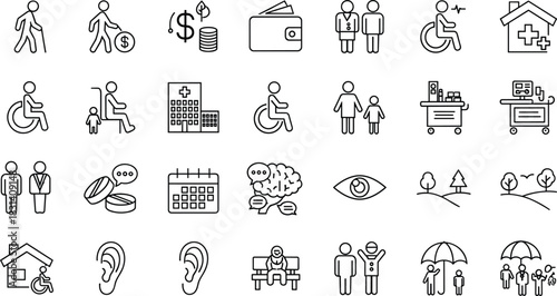 Healthcare, accessibility, disability support, medical icons, elder care, social services, wheelchair, hearing aid, family care, wellness, 