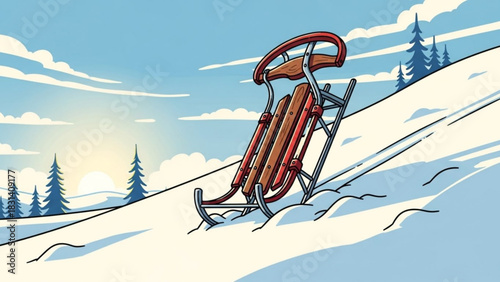 Vintage wooden sled resting on a snowy hill with pine trees and a bright sun in the background creating a winter wonderland scene for holiday fun