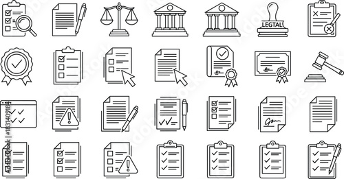 Legal icons, law symbols, justice scale, document stamp, courthouse, certificate, gavel, checklist, legal form, compliance, contra    ,checklist, legal form, compliance, contract, regulation