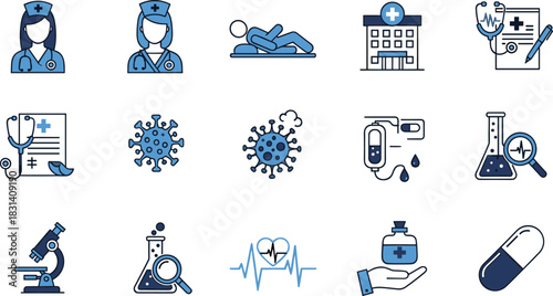 Medical icons, healthcare professionals, hospital, patient care, virus, microscope, heartbeat, IV drip, medicine, stethoscope,
