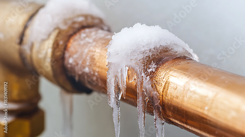 Frozen copper pipe with icicles highlights the plumbing damage that may result from extremely cold weather and temperatures. Ice on pipes is a winter hazard.
