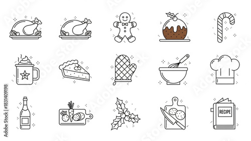 Festive christmas cooking icons featuring turkey gingerbread man pudding candy cane hot chocolate pie and other holiday baking elements in line art